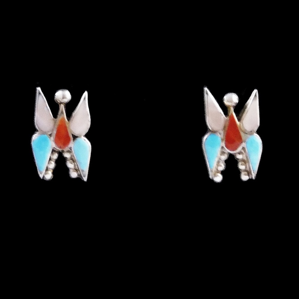 1970’s Old Pawn Zuni Butterfly Multi Inlay Silver Earrings